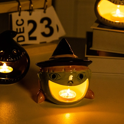 Ceramic Halloween Candle Holder Pumpkin Ghost Witch Bat Tealight Holder Festive Desktop Ornament Home Decor Gift
