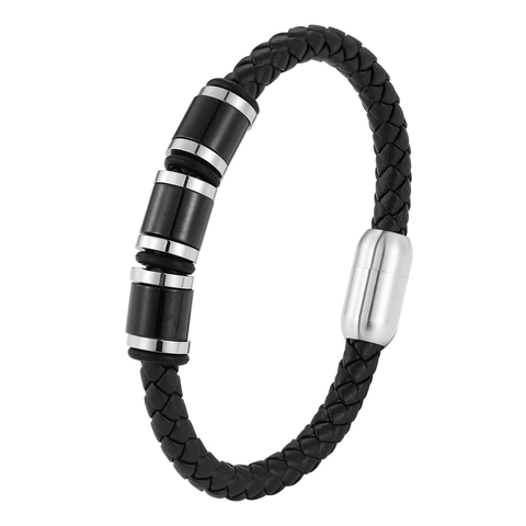 Pulsera De Cuero Trenzado Para Hombre Con Cuentas De Acero Inoxidable Y Cierre Magnético Joyería Punk