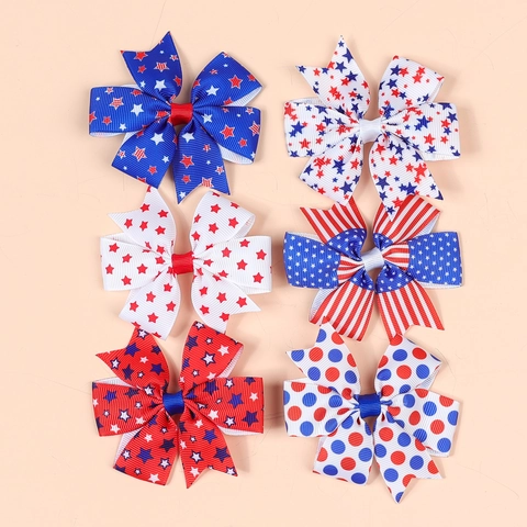Kids Bow Hair Clip Grosgrain Ribbon Double Layered USA Flag Stars And Stripes Patriotic Independence Day 4th Of July Girls Accessory