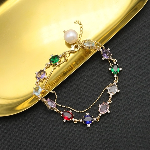 Vintage 925 Sterling Silver 18K Gold Plated Freshwater Pearl Bracelet For Women Multi Color Zirconia Gemstone Hand Jewelry