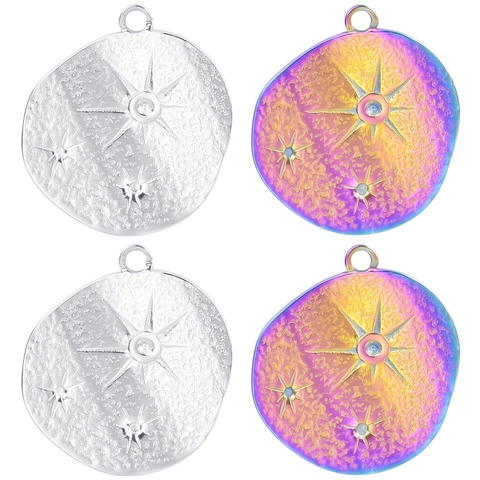 Collar Con Colgante De Disco Redondo De Estrella Acero Inoxidable Irisado Arcoíris Tono Plateado Joyería Unisex