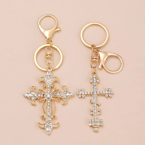 Moda Lega Strass Croce Portachiavi Pendente Per Donne Uomini Scintillante Oro Religioso Borsa Ornamento Appeso Decorazione