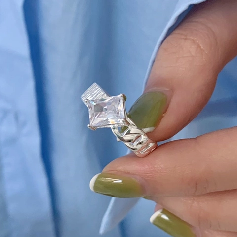 Anello In Argento Sterling 925 Zirconia Cubica Rettangolare Maglia A Catena Minimalista Fascia Regolabile Gioielli Per Donna