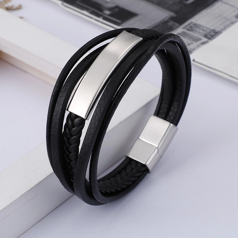 Bracciale In Pelle Intrecciata Multistrato Con Chiusura Magnetica In Acciaio Inossidabile Piastra Metallica Geometrica Gioielli Da Uomo