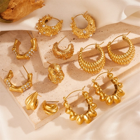 Stainless Steel Gold Plated Hoop Stud Earrings Cubic Zirconia Bamboo Croissant Celestial Star Moon Geometric Jewelry