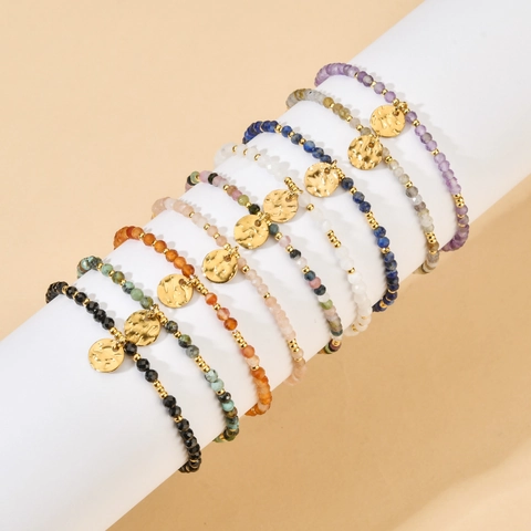 Natural Stone Beaded Bracelet With Hammered Gold Coin Pendant Stainless Steel Adjustable Boho Ethnic Jewelry For Women