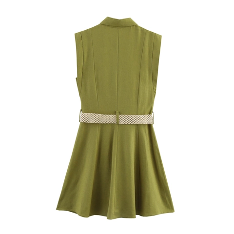 Sleeveless Linen Blend Mini Dress Lapel Collar Single Breasted Casual Summer Shirt Dress With Woven Belt Elegant