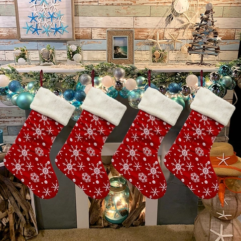 Grande Chaussette De Noël Rouge Avec Motifs Flocons De Neige Revers En Peluche Sac À Cadeaux Décoration De Fête