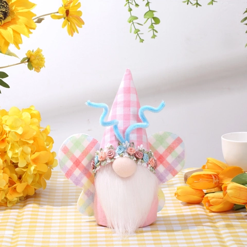 Pasen Vlinder Gnome Pluche Pop Ornament Met Geruite Hoed Vleugels Gezichtloos Rudolph Beeldje Lente Huis Decoratie
