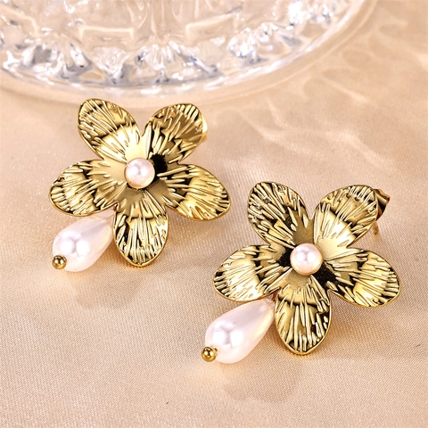 Flower Drop Earrings Stainless Steel 18K Gold Plated Brushed Texture Faux Artificial Pearl Elegant Jewelry For Women