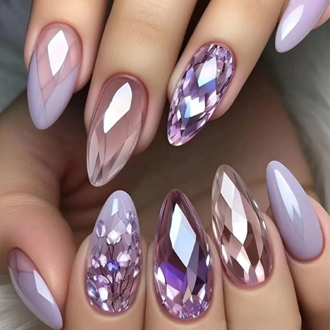Long Stiletto Press On Nails Light Purple Amethyst Design Fake Nails With Floral Grid Marble Pattern Women DIY Manicure