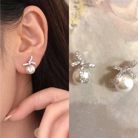 Strik Oorknopjes Met 925 Sterling Zilveren Oorsteker Zirkoon Namaakparel Elegante Koreaanse Stijl Sieraden Voor Vrouwen