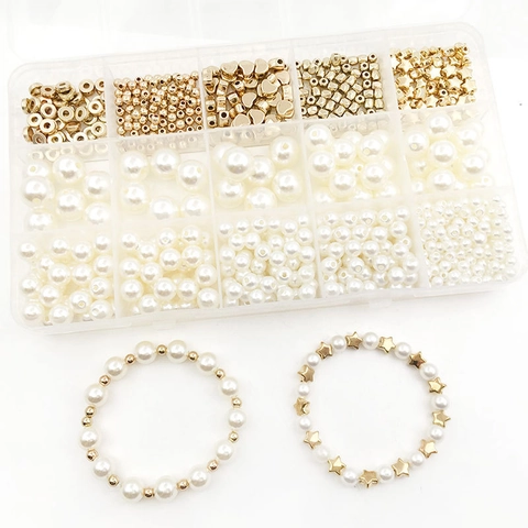 Kit De Fabricación De Joyas DIY Perlas Artificiales De Imitación Oro CCB Cuentas Espaciadoras Estrella Corazón Para Pulsera Collar Con Organizador