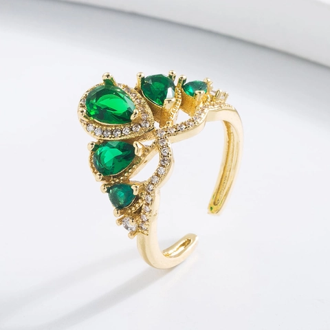 Verstellbarer Offener Ring Geometrisch Kupfer 18K Vergoldet Smaragdgrüner Zirkon Französischer Luxus Schmuck Damen