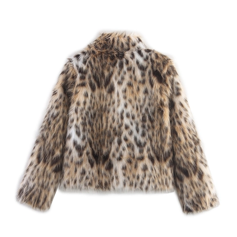 Dames Jas Van Imitatiebont Met Luipaardprint Lange Mouwen Opstaande Kraag Kort Chic