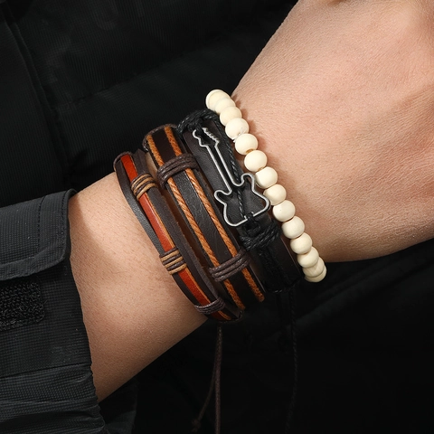 Vintage Woven Leather Bracelet Multi Layer Alloy Guitar Pendant Wood Beaded Bohemian Punk Style Adjustable For Men
