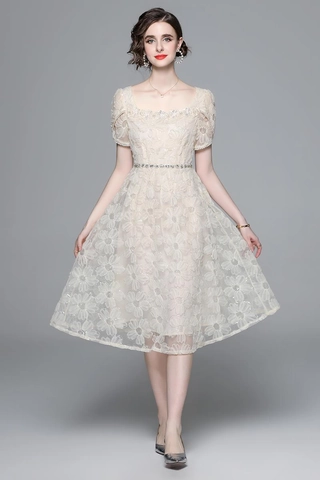 French Elegant Women Midi Dress Lace Floral Embroidery Square Neck Puff Sleeve Rhinestone Belt High Waist A-Line