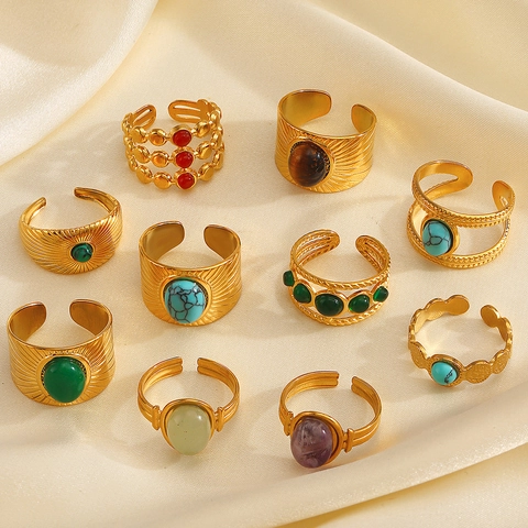 Vintage Roestvrijstalen Ring 18K Verguld Natuursteen Turkoois Tijgeroog Verstelbaar Open Sieraden Dames