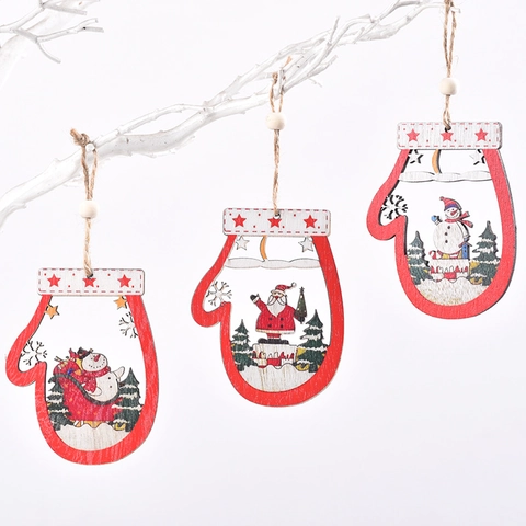 Ornamenti Natalizi In Legno Da Appendere A Forma Di Guanti Con Motivi Di Babbo Natale E Pupazzo Di Neve