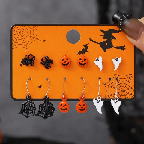 Halloween Ohrringe Legierung Emaille Geist Kürbis Spinne Spinnennetz Neuheit Dunkler Schmuck Mit Edelstahl Stecker