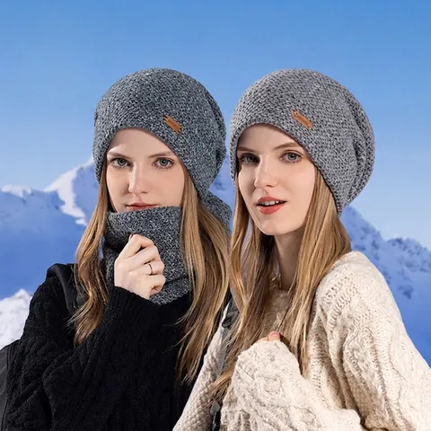 Women Winter Knitted Beanie Hat And Neck Scarf Acrylic Thick Warm Plush Lined Windproof Outdoor Ear Protection Solid