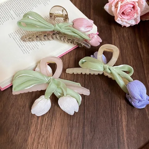Pince À Cheveux Tulipe Française Acrylique Nœud Ruban Épingle À Cheveux Florale Élégante Pour Femmes Filles Accessoires