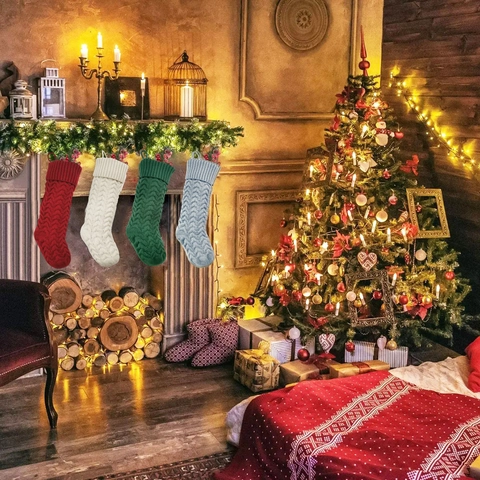 Christmas Stocking Knitted Acrylic Large Small Size Hanging Gift Bag Wave Pattern Holiday Decoration Fireplace Ornament