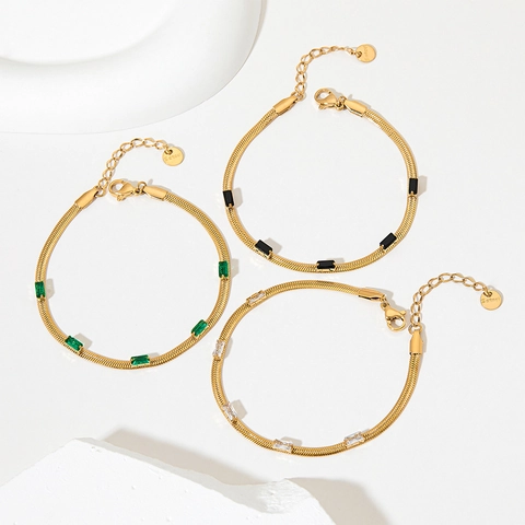 Collana Bracciale E Cavigliera In Acciaio Inossidabile Placcato Oro Con Zircone Rettangolare Catena A Serpente Per Donna