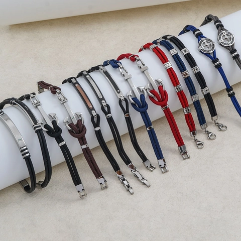 Vintage Multilayer Woven Leather Bracelet Stainless Steel Anchor Compass Charm Creative Hand Rope Wristband For Unisex