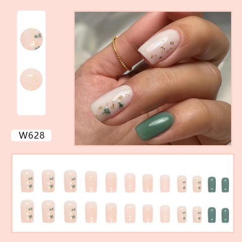 Glanzende Vierkante Press On Nails Roze Olijfgroen Retro Bloemenontwerp Goudfolie Decor Kunstnagels Voor Vrouwen