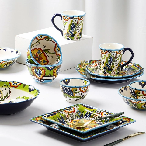 Bohemian Ceramic Dinnerware Hand Painted Floral Underglaze Tableware For Home Kitchen Microwave Dishwasher Safe