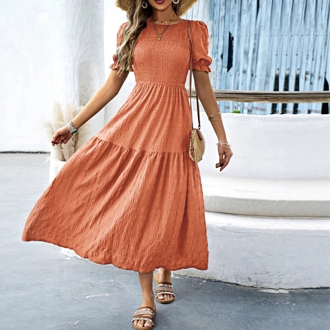 Vestito Maxi Donna Manica A Sbuffo Corpetto Arricciato Linea A Balze Strutturato Estate Casual Vacanza Boho Girocollo Elegante