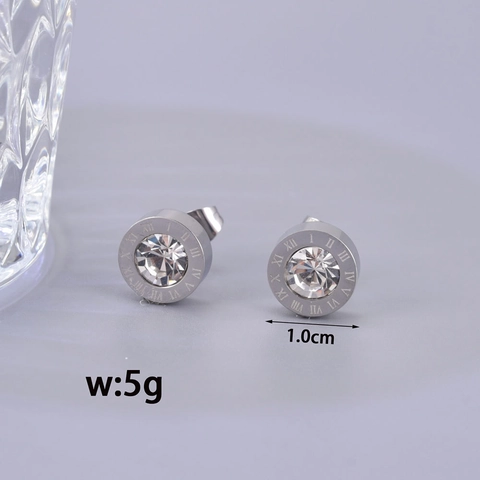 Roman Numeral Round Stud Earrings Titanium Steel Cubic Zirconia Inlaid Minimalist Elegant Jewelry For Women