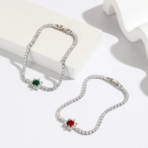 Bracelet Rivière Fleur Élégant Pour Femme Laiton Serti De Zircone Émeraude Rouge Bijoux De Luxe Étincelants Cadeau