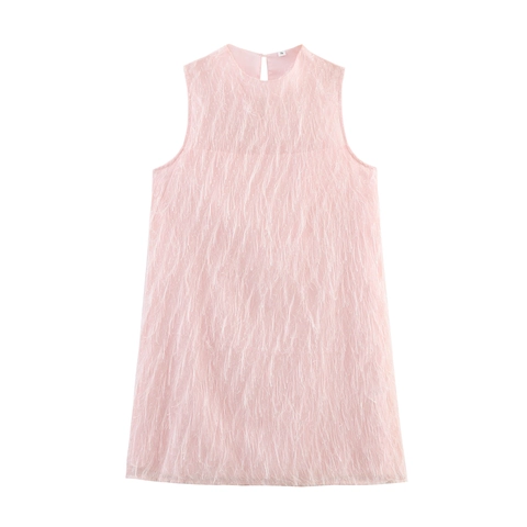 Mouwloze Mini Jurk Met Ronde Hals A-Lijn Voor Dames Met Roze Nepveren Franjes Chique Zomer Feest Kleding