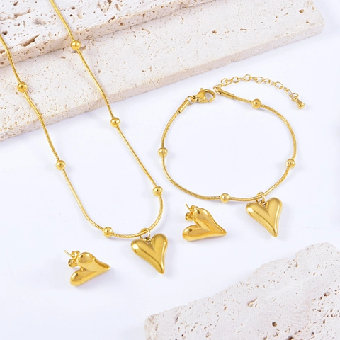 Titaniumstaal Hart Sieradenset Ketting Armband Oorknopjes Voor Dames Verguld Slangenketting Mode Accessoires