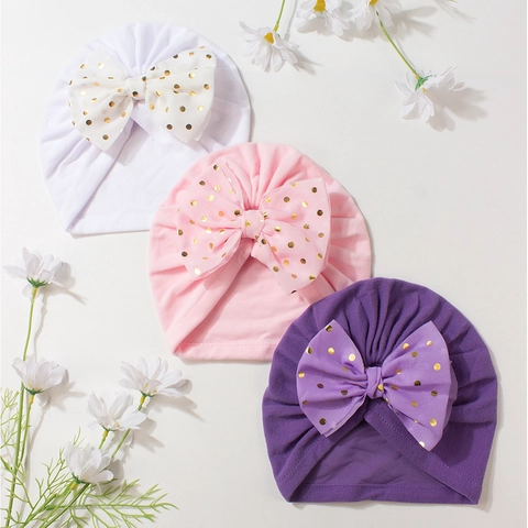 Baby Turban Hat Large Bronzed Polka Dot Bow Elastic Soft Infant Headwrap Newborn Toddler Girls Headwear