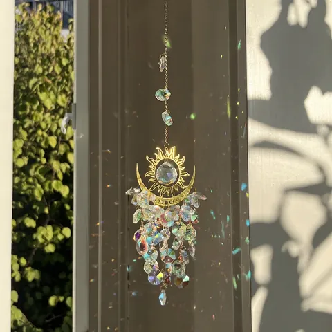 Crystal Suncatcher Sun Moon Pendant Gold Metal Prism Rainbow Maker Window Garden Hanging Ornament Handmade Gift