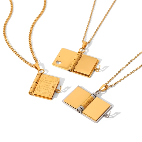 Fashion Stainless Steel Openable Book Locket Pendant Necklace Unisex Instagram Style Heart Hollow Engraved Statement Jewelry Gift