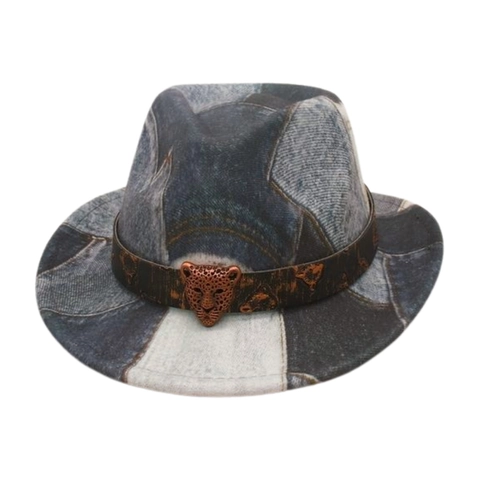Cappello Fedora Bambini Denim Patchwork Misto Cotone Fibbia Testa Leopardo Fascia Pelle Retro Western Vintage Bambini