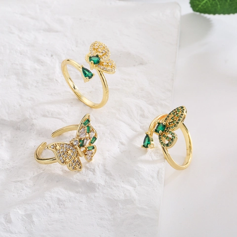 Bague Ouverte Papillon Cuivre Plaqué Or 18K Micro Pavé Zirconium Vert Blanc Esthétique Géométrique Bijoux Ajustables