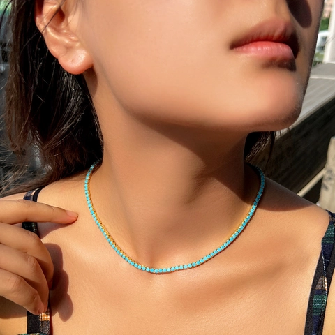 Collar Tennis Vintage de Latón Chapado en Oro para Mujer Fila Única Circonia Turquesa Artificial Choker Hip Hop Joyería