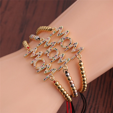Pulsera Letras MOM Cobre Micro Pave Circonita Colores Cadena Eslabones Ajustable Cuerda Tejida Joyería Madre