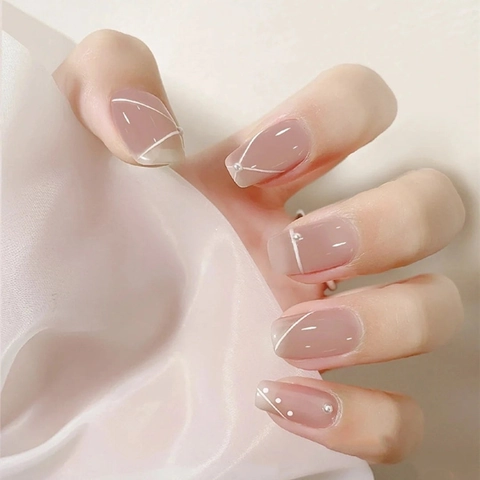 Press On Nails Artificial False Tips With Artificial Pearl Decor And White Lines Elegant Jelly Nude Pink Square Round Shape For Women