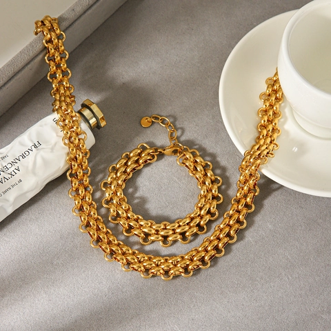 Collana E Bracciale A Catena Grossa Intrecciata Gioielli In Acciaio Inossidabile Placcato Oro 18K Per Donna Stile Punk Industriale Minimalista