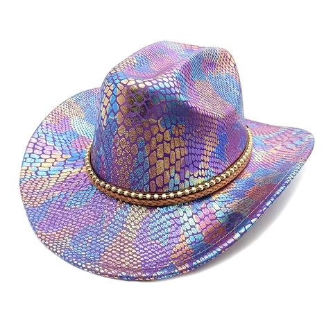 Cappello Da Cowboy Occidentale Texture Pelle Di Serpente Metallica Iridescente Fascia Di Perline Intrecciata Festa