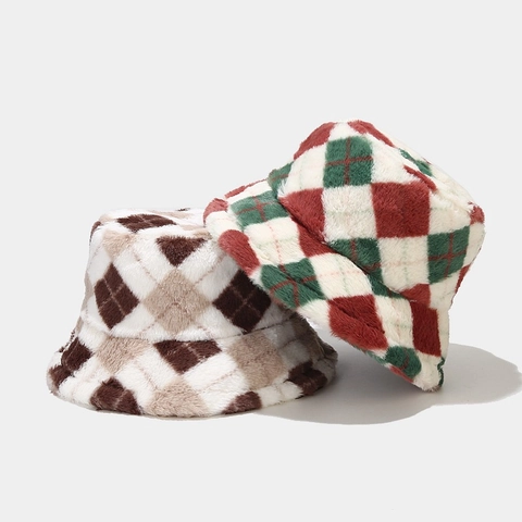 Cappello Da Pescatore In Peluche Invernale Da Donna Pelliccia Sintetica Caldo Ispessito Motivo Argyle A Quadri Casual