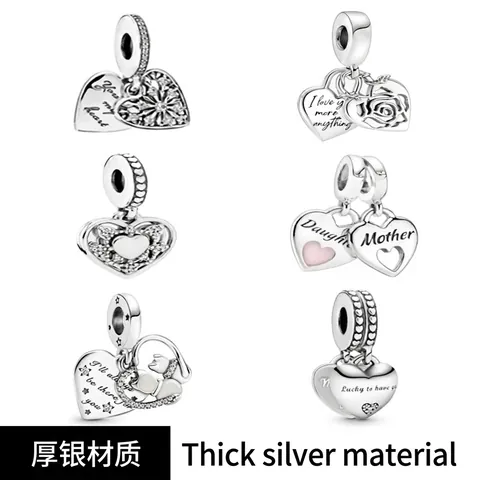 Double Heart Dangle Charm Beads Cupronickel Silver Tone Cat Snowflake Engraved Pendant Jewelry Accessories For Bracelet