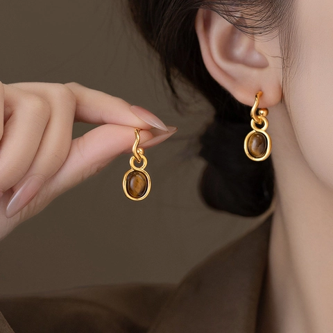 Vintage French Oval Tiger Eye Stone Stud Earrings With Silver Earring Post Gold Plated Elegant Jewelry Women