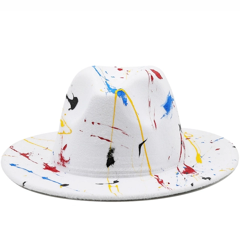 Cappello Fedora Feltro Schizzi Di Vernice Graffiti Artistico Tesa Larga Vintage Jazz Berretto Uomo Donna